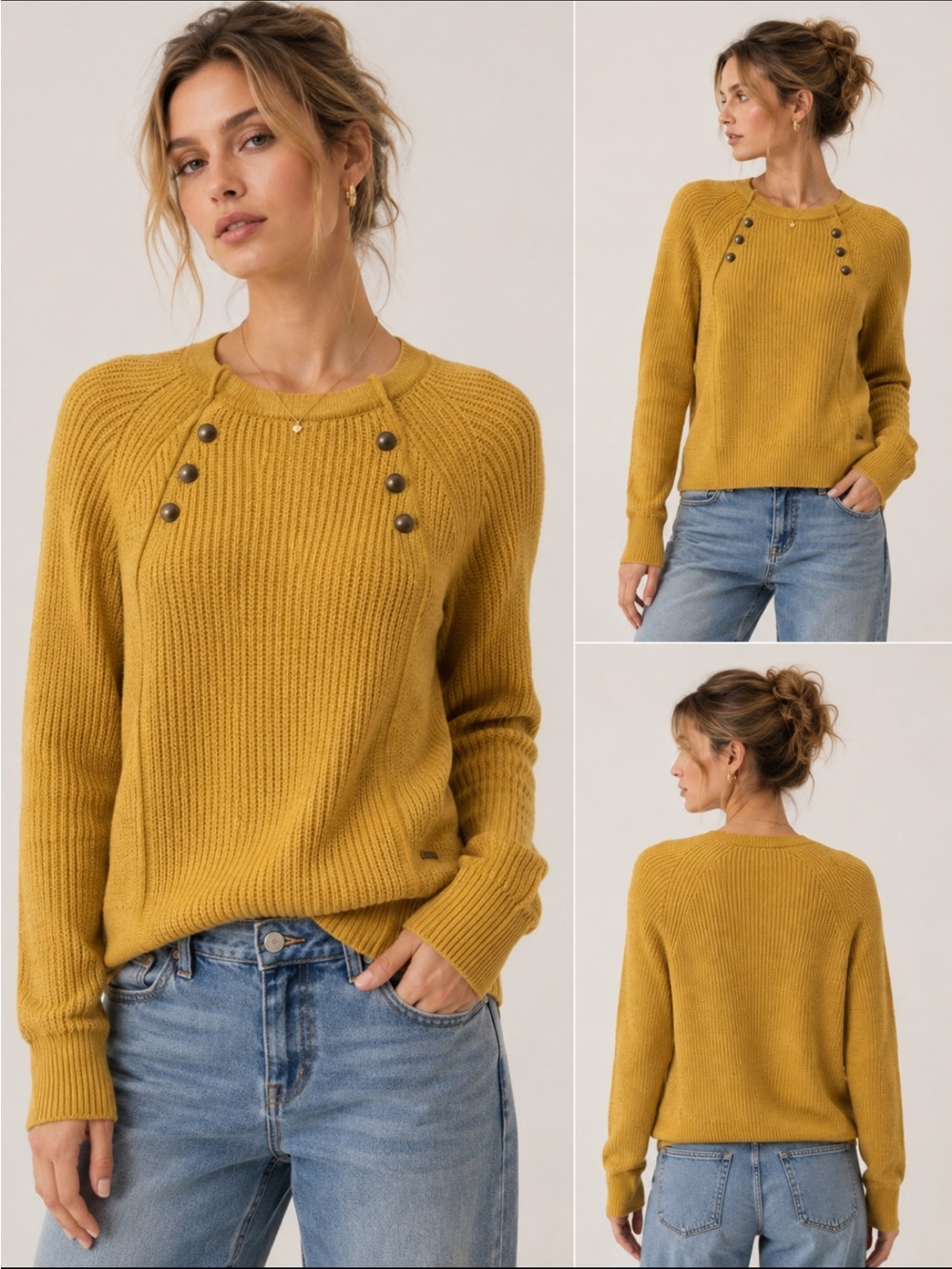 Abercrombie & Fitch Mustard Yellow Ribbed Crewneck Sweater with Button Detail